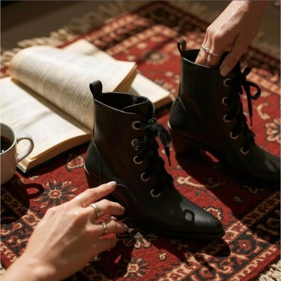 Widow Witchy Ways Ankle Boots – Vegan Leather Lace-Up Pointed Toe Heels 7 | NWT - Picture 7 of 8